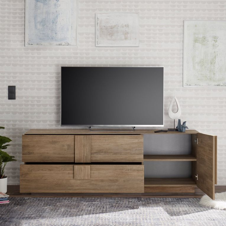 Mobile Porta tv Marrone Quercia un Ripiano Apertura Maniglia 182x44x63h cm, 2 Vani - Silea