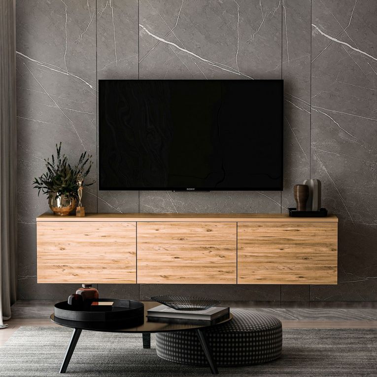 Mobile Porta tv Marrone Rovere 3 Vani 3 Ante 160x32x35h cm, Apertura a Ribalta - Surrigone