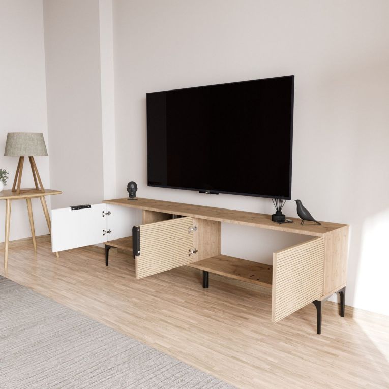 Mobile Porta tv Marrone Rovere Bianco Bianco 2 Ante Apertura a Ribalta 180x33x49h cm, 3 Vani - Imerese