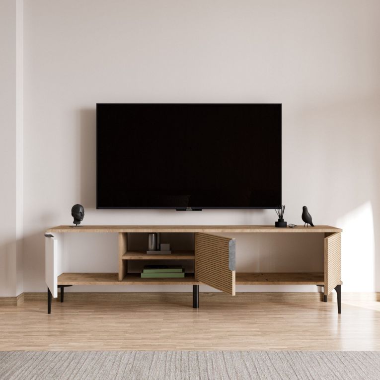 Mobile Porta tv Marrone Rovere Bianco Bianco 2 Ante Apertura a Ribalta 180x33x49h cm, 3 Vani - Imerese