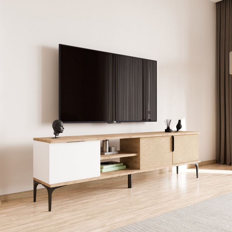 Mobile Porta tv Marrone Rovere Bianco Bianco 2 Ante Apertura a Ribalta 180x33x49h cm, 3 Vani - Imerese