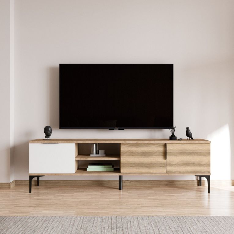 Mobile Porta tv Marrone Rovere Bianco Bianco 2 Ante Apertura a Ribalta 180x33x49h cm, 3 Vani - Imerese