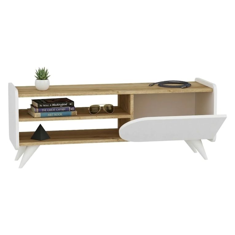 Mobile Porta tv Marrone Rovere Bianco un Ripiano 3 Vani 120x40x45h cm, Un'anta - Pigra