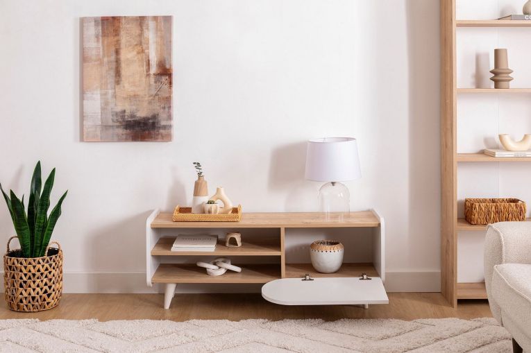 Mobile Porta tv Marrone Rovere Bianco un Ripiano 3 Vani 120x40x45h cm, Un'anta - Pigra