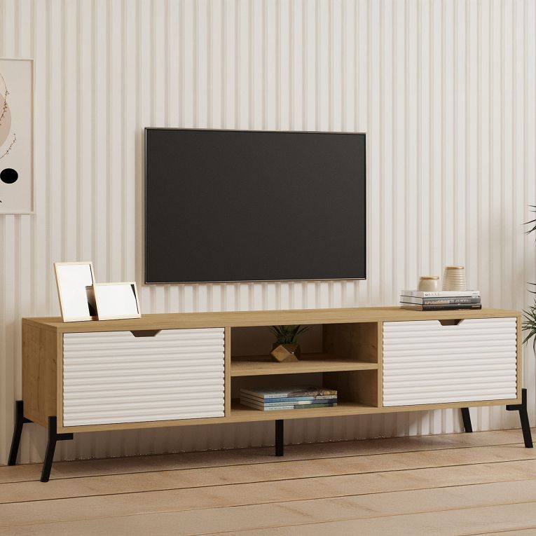 Mobile Porta tv Marrone Rovere Bianco un Ripiano 4 Vani 160x40x41h cm, 2 Ante - Cinaglio