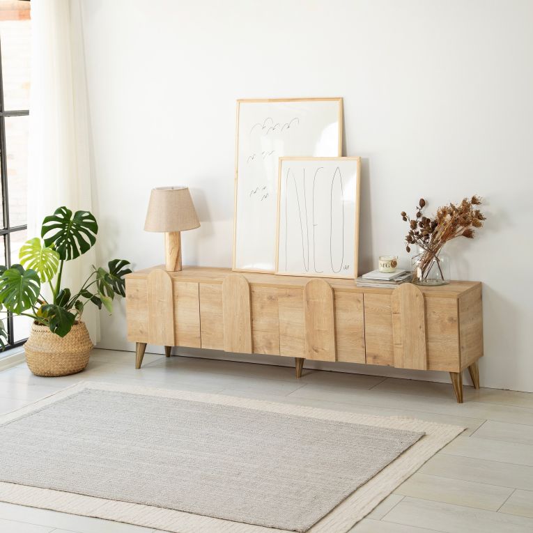 Mobile Porta tv Marrone Rovere Chiaro 4 Vani 4 Ante 180x35x50h cm, Apertura a Ribalta - Scodosia