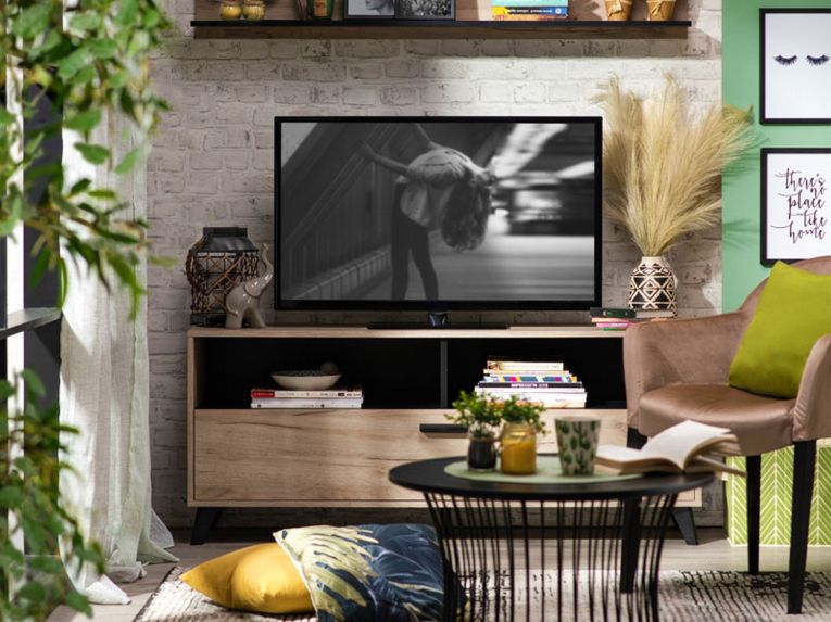 Mobile Porta tv Marrone Rovere Grigio Nero 3 Ripiani Un'anta 137.5x40x57.5h cm, 4 Vani - Platania
