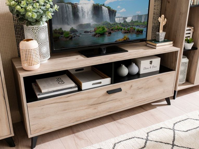 Mobile Porta tv Marrone Rovere Grigio Nero 3 Ripiani Un'anta 137.5x40x57.5h cm, 4 Vani - Platania