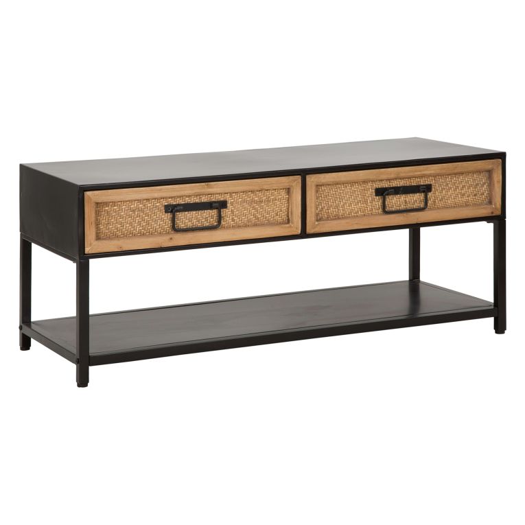 Mobile Porta tv Marrone Rovere Nero 2 Cassetti 2 Ripiani 95x38x38h cm, Finiture in Rattan - Boquete