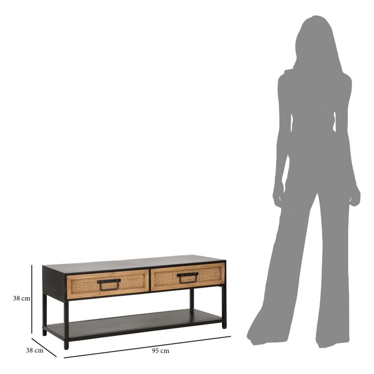 Mobile Porta tv Marrone Rovere Nero 2 Cassetti 2 Ripiani 95x38x38h cm, Finiture in Rattan - Boquete