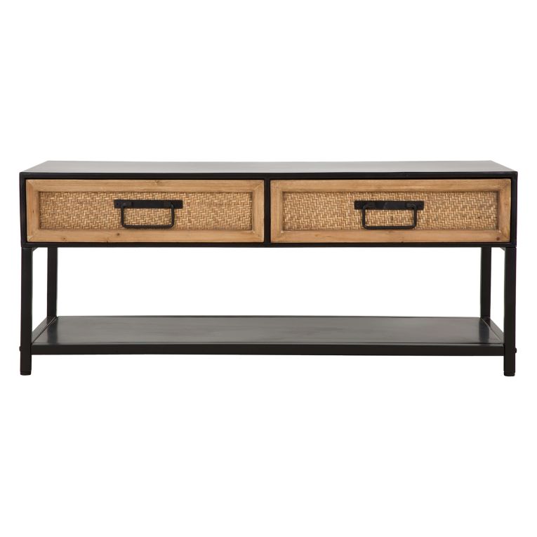 Mobile Porta tv Marrone Rovere Nero 2 Cassetti 2 Ripiani 95x38x38h cm, Finiture in Rattan - Boquete