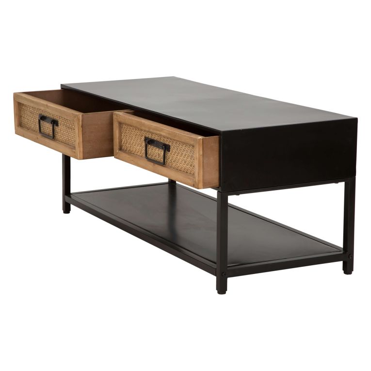 Mobile Porta tv Marrone Rovere Nero 2 Cassetti 2 Ripiani 95x38x38h cm, Finiture in Rattan - Boquete