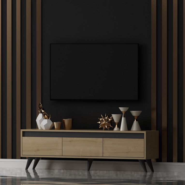 Mobile Porta tv Marrone Rovere Nero 3 Ante Apertura a Ribalta 150x30x45h cm, 3 Vani - Romeno