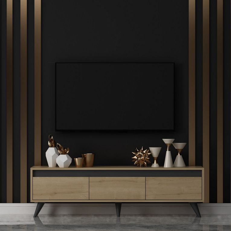 Mobile Porta tv Marrone Rovere Nero 3 Ante Apertura a Ribalta 150x30x45h cm, 3 Vani - Romeno
