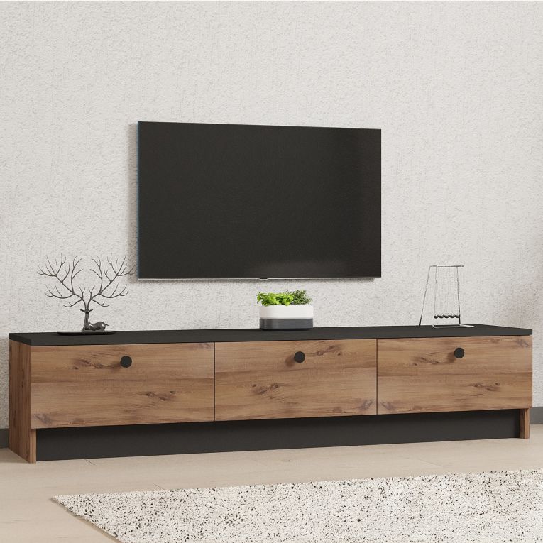 Mobile Porta tv Marrone Rovere Nero 3 Ante Apertura a Ribalta 160x35x35h cm, 3 Vani - Sovere
