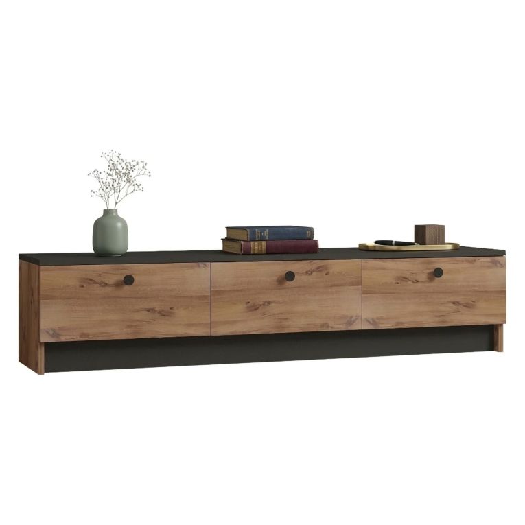 Mobile Porta tv Marrone Rovere Nero 3 Ante Apertura a Ribalta 160x35x35h cm, 3 Vani - Sovere
