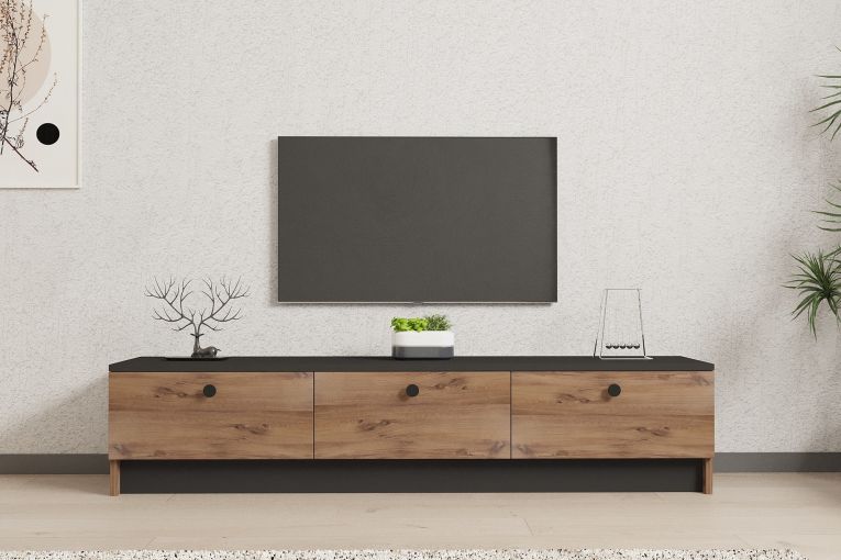 Mobile Porta tv Marrone Rovere Nero 3 Ante Apertura a Ribalta 160x35x35h cm, 3 Vani - Sovere