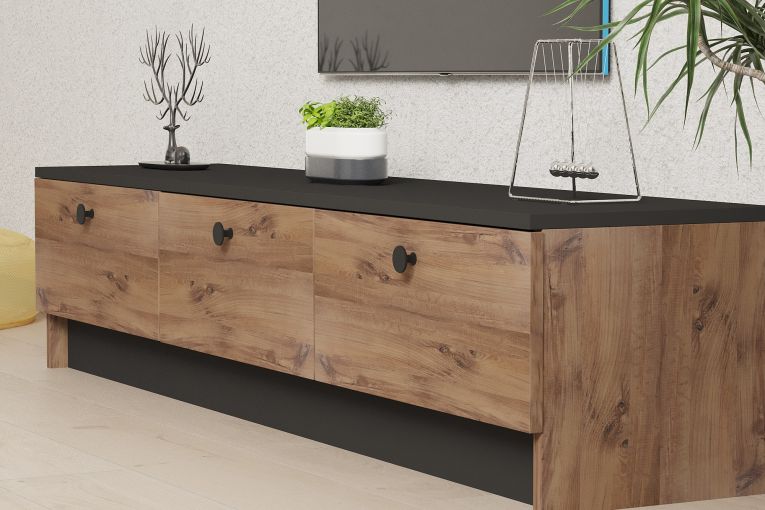 Mobile Porta tv Marrone Rovere Nero 3 Ante Apertura a Ribalta 160x35x35h cm, 3 Vani - Sovere
