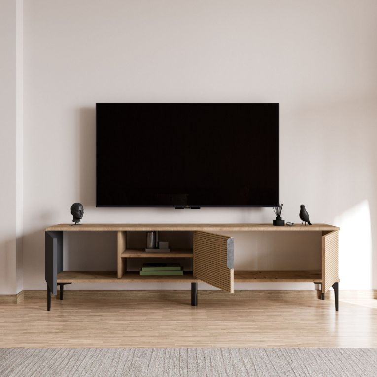 Mobile Porta tv Marrone Rovere Nero Antracite 2 Ante Apertura a Ribalta 180x33x49h cm, 3 Vani - Imerese