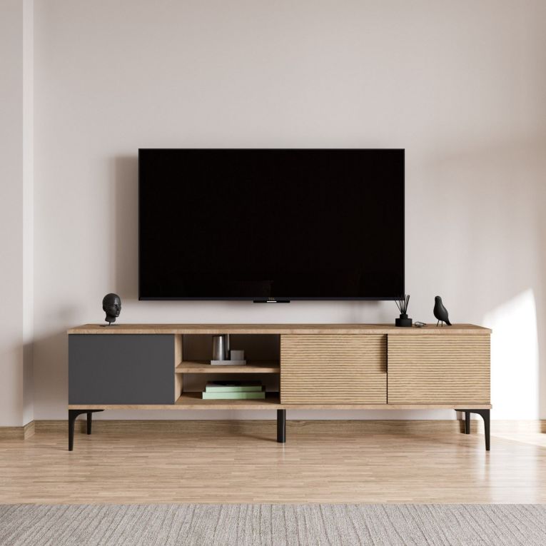 Mobile Porta tv Marrone Rovere Nero Antracite 2 Ante Apertura a Ribalta 180x33x49h cm, 3 Vani - Imerese