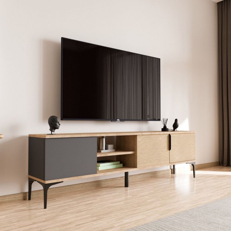 Mobile Porta tv Marrone Rovere Nero Antracite 2 Ante Apertura a Ribalta 180x33x49h cm, 3 Vani - Imerese