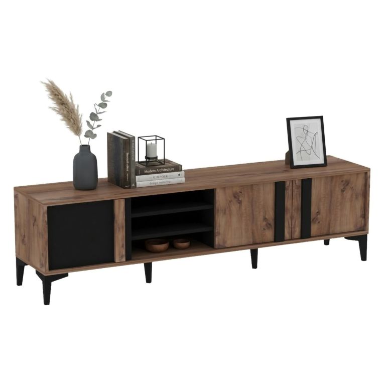 Mobile Porta tv Marrone Rovere Nero Antracite 2 Ripiani 3 Ante 180x40x50h cm, 6 Vani - Gruaro