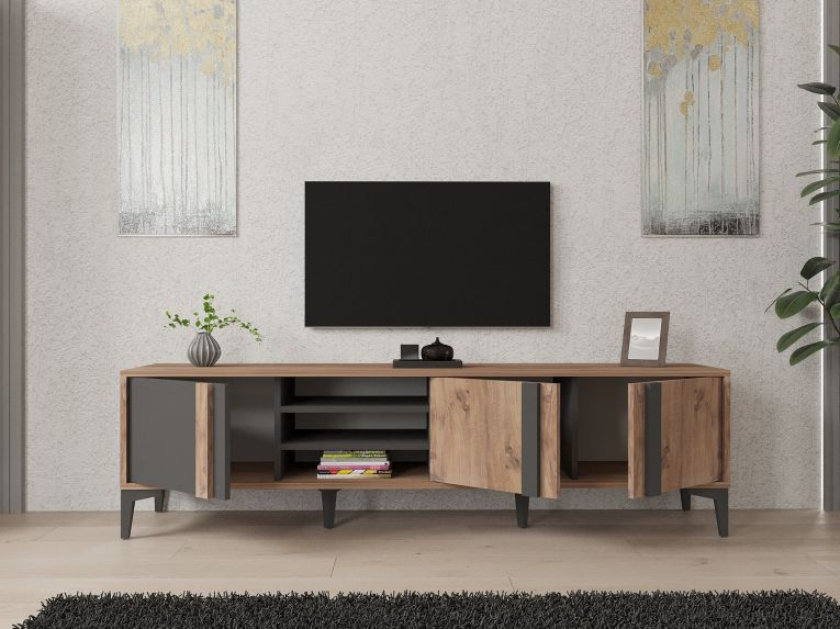 Mobile Porta tv Marrone Rovere Nero Antracite 2 Ripiani 3 Ante 180x40x50h cm, 6 Vani - Gruaro