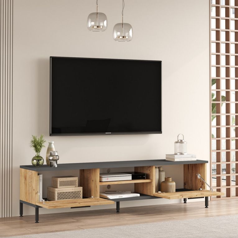 Mobile Porta tv Marrone Rovere Nero Antracite un Ripiano 2 Ante 160x35x39h cm, 4 Vani - Crissolo