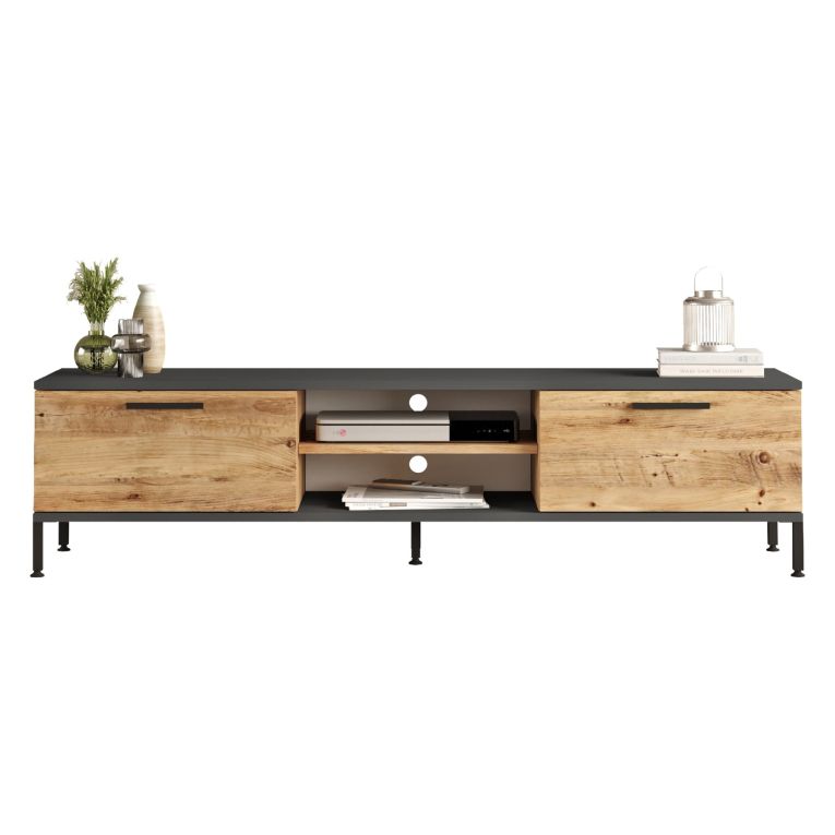 Mobile Porta tv Marrone Rovere Nero Antracite un Ripiano 2 Ante 160x35x39h cm, 4 Vani - Crissolo