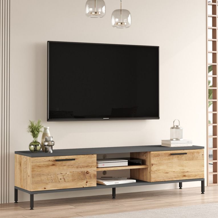 Mobile Porta tv Marrone Rovere Nero Antracite un Ripiano 2 Ante 160x35x39h cm, 4 Vani - Crissolo
