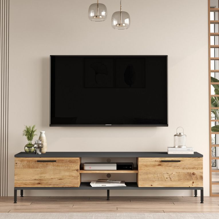 Mobile Porta tv Marrone Rovere Nero Antracite un Ripiano 2 Ante 160x35x39h cm, 4 Vani - Crissolo