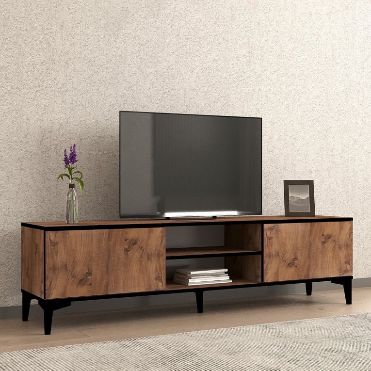 Mobile Porta tv Marrone Rovere Nero Antracite un Ripiano 2 Ante 180x40x50h cm, 4 Vani - Fonni