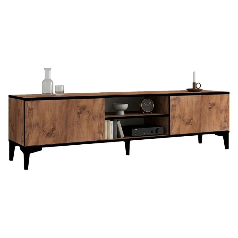 Mobile Porta tv Marrone Rovere Nero Antracite un Ripiano 2 Ante 180x40x50h cm, 4 Vani - Fonni