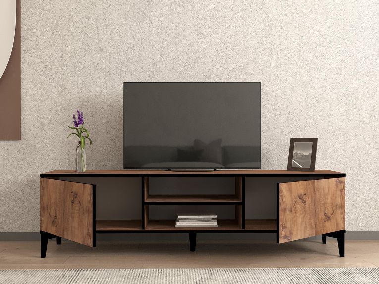 Mobile Porta tv Marrone Rovere Nero Antracite un Ripiano 2 Ante 180x40x50h cm, 4 Vani - Fonni