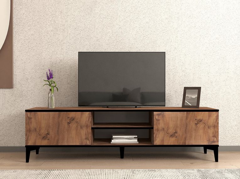 Mobile Porta tv Marrone Rovere Nero Antracite un Ripiano 2 Ante 180x40x50h cm, 4 Vani - Fonni
