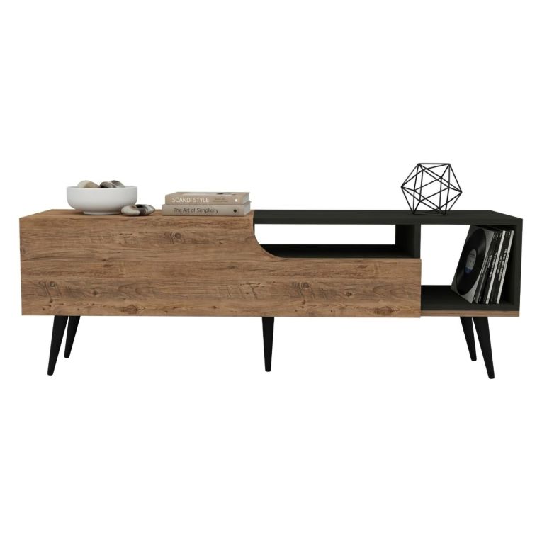Mobile Porta tv Marrone Rovere Nero Antracite un Ripiano Un'anta 150x30x50h cm, 4 Vani - Tinnura