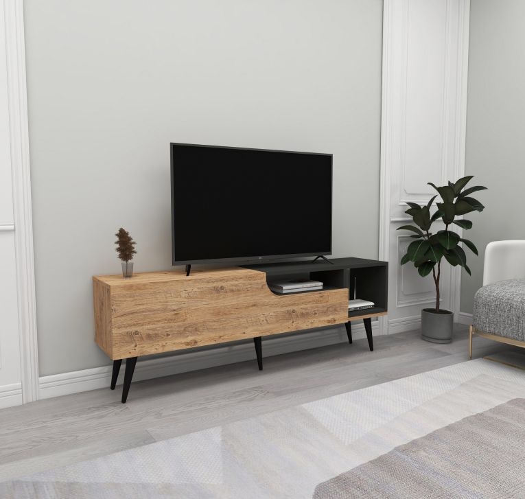 Mobile Porta tv Marrone Rovere Nero Antracite un Ripiano Un'anta 150x30x50h cm, 4 Vani - Tinnura
