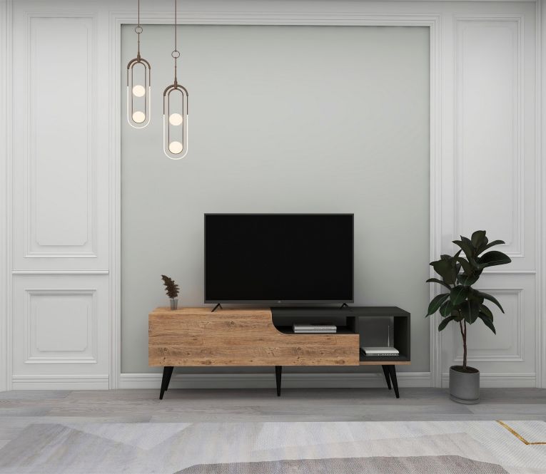 Mobile Porta tv Marrone Rovere Nero Antracite un Ripiano Un'anta 150x30x50h cm, 4 Vani - Tinnura
