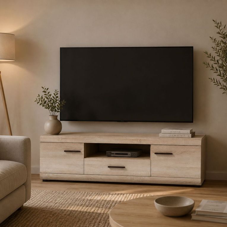 Mobile Porta tv Marrone Rovere Nero un Cassetto 2 Ripiani 140x54x44h cm, 2 Ante - Kalepa
