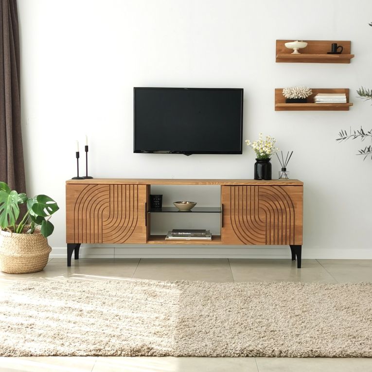 Mobile Porta tv Marrone Rovere Nero un Ripiano 4 Vani 150x30x40h cm, 2 Ante - Neviano