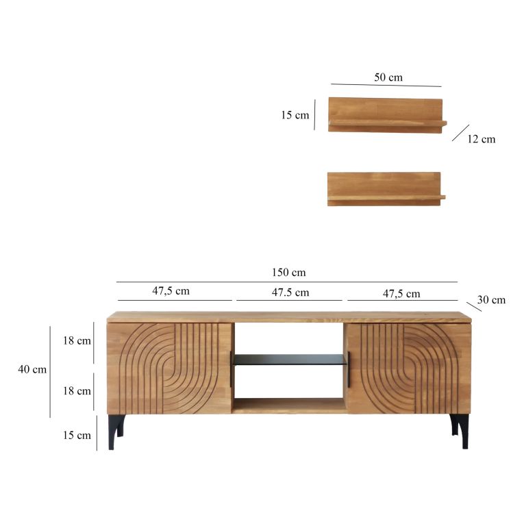 Mobile Porta tv Marrone Rovere Nero un Ripiano 4 Vani 150x30x40h cm, 2 Ante - Neviano