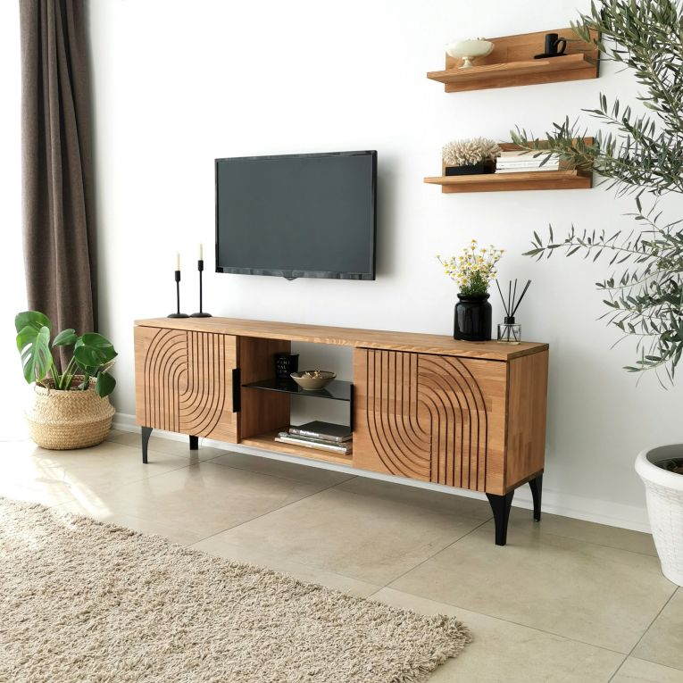 Mobile Porta tv Marrone Rovere Nero un Ripiano 4 Vani 150x30x40h cm, 2 Ante - Neviano