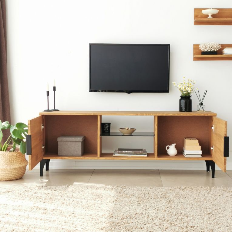 Mobile Porta tv Marrone Rovere Nero un Ripiano 4 Vani 150x30x40h cm, 2 Ante - Neviano