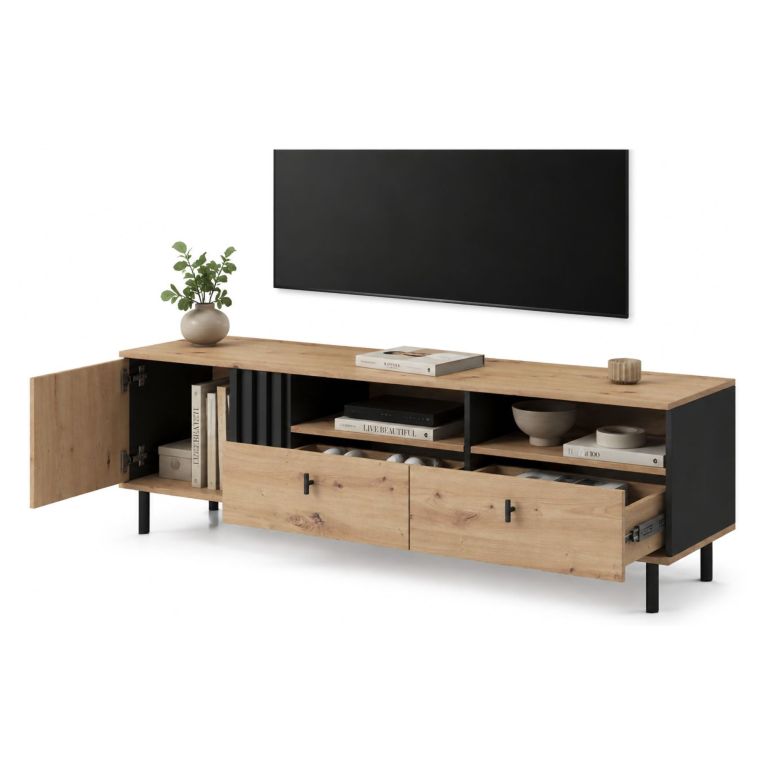 Mobile Porta tv Marrone Rovere Nodi Nero 2 Cassetti 3 Ripiani 165x40x49h cm, Un'anta - Kalese