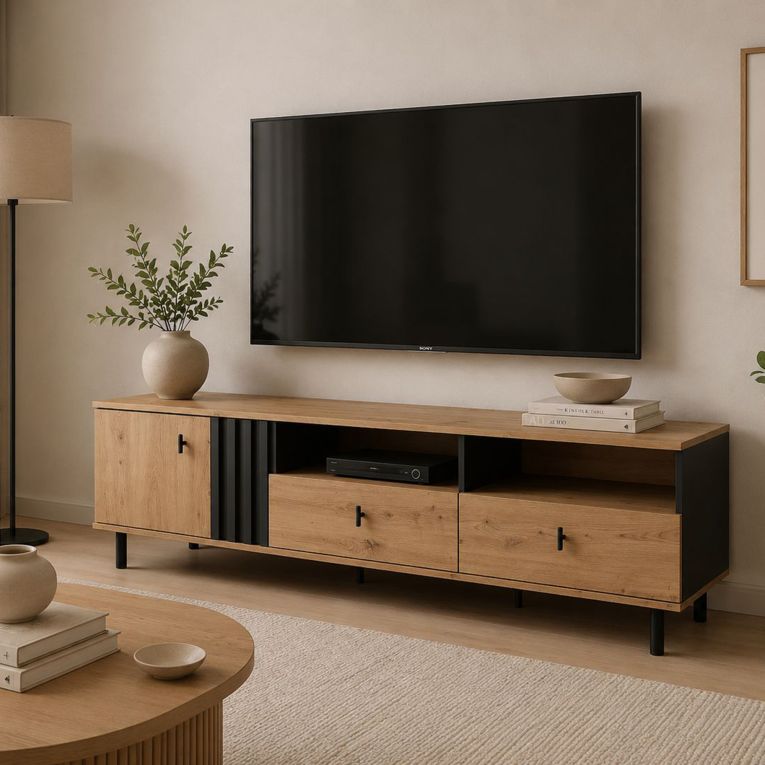 Mobile Porta tv Marrone Rovere Nodi Nero 2 Cassetti 3 Ripiani 165x40x49h cm, Un'anta - Kalese