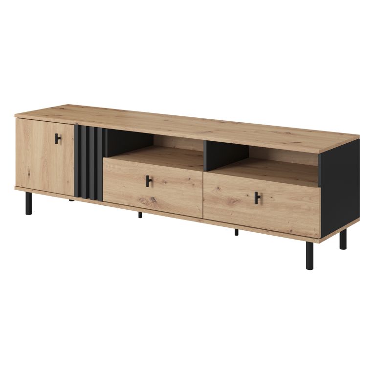 Mobile Porta tv Marrone Rovere Nodi Nero 2 Cassetti 3 Ripiani 165x40x49h cm, Un'anta - Kalese