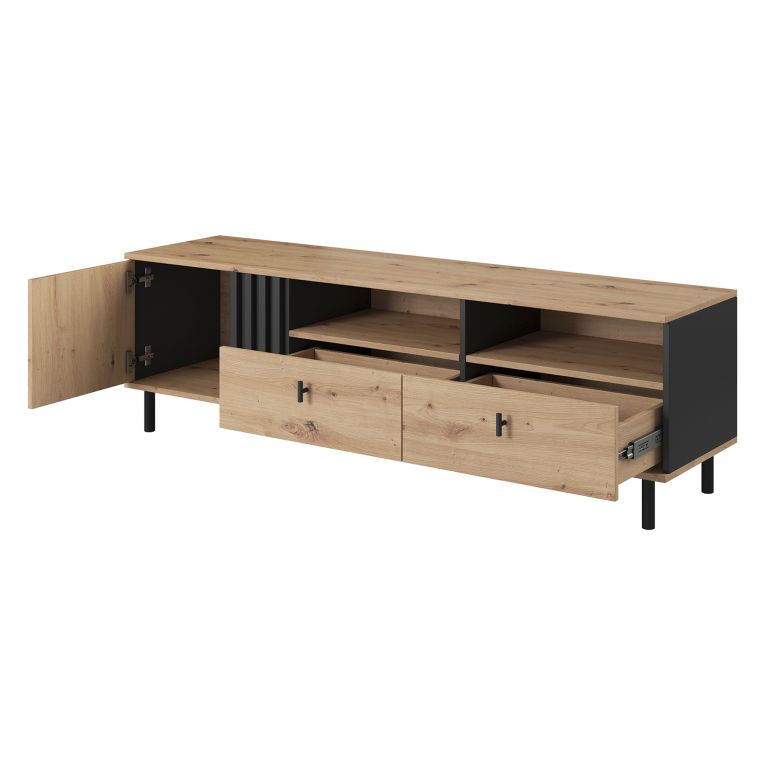 Mobile Porta tv Marrone Rovere Nodi Nero 2 Cassetti 3 Ripiani 165x40x49h cm, Un'anta - Kalese