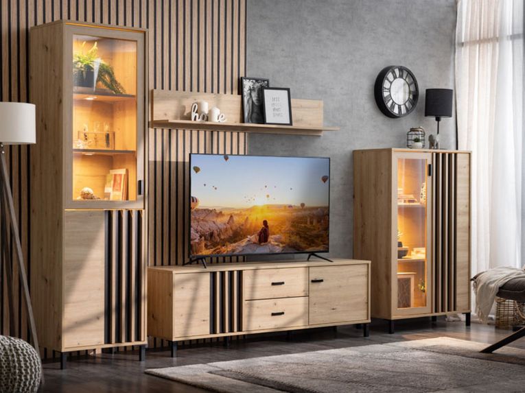 Mobile Porta tv Marrone Rovere Nodi Nero 2 Cassetti un Ripiano 157x40x52h cm, Apertura Battente, Scorrevole - Caivano