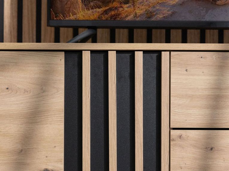 Mobile Porta tv Marrone Rovere Nodi Nero 2 Cassetti un Ripiano 157x40x52h cm, Apertura Battente, Scorrevole - Caivano