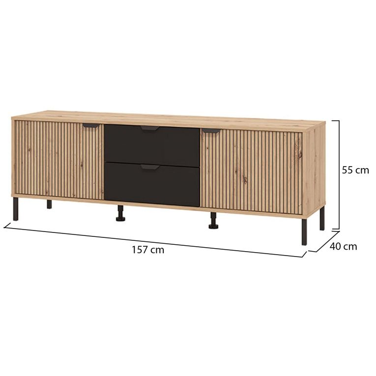 Mobile Porta tv Marrone Rovere Nodi Nero 2 Cassetti un Ripiano 157x40x54.5h cm, 2 Ante - Raiano